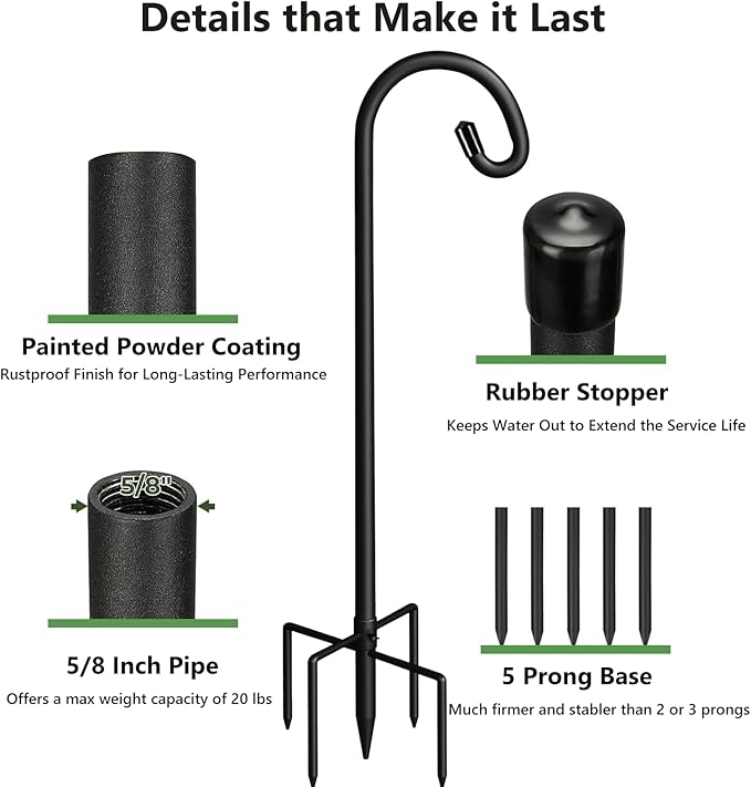Pvifvi Shepherds Hooks for Outdoor Heavy Duty, 108 Inch Adjustable Bird Feeder Pole with 5 Prong Base, Hummingbird Feeder Stand and Plant Hanger for Garden, Lanterns & Wind Chimes