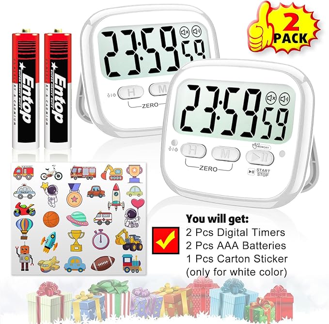 2-Pack Magnetic Kitchen Timers for Cooking, Digital Stop Watch Countdown Timer for Kids, Teachers, Classroom, Office, Exercise - Battery Included