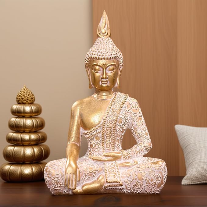 Golden Resin Buddha Statue for Zen Home Decor, Meditation & Yoga - 7.87 Inch Serene Spiritual Art Piece, for Office Altar Collection to Enhance Focus & Mindfulness