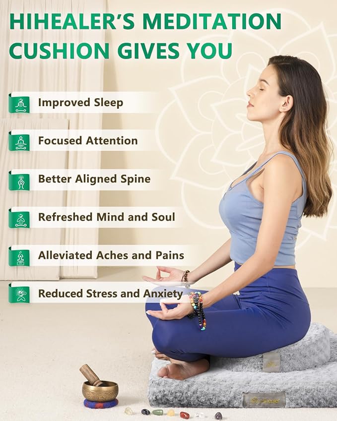 Hihealer Meditation Cushion Set – Large Rose Velvet Zafu & Zabuton Floor Pillow Traditional Tibetan Yoga Bolster for Adults Buckwheat Filled for Comfort Support