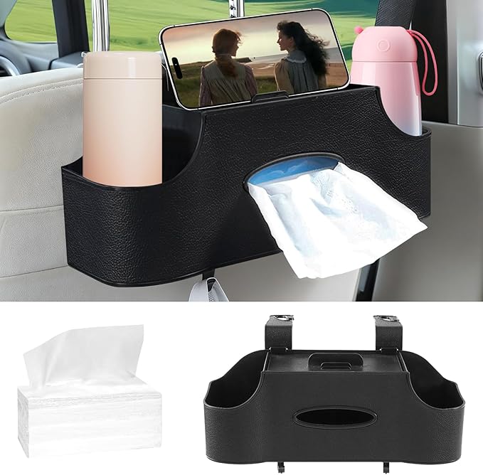 Back Seat Car Organizer, Upgraded Multifunctional Car Storage Box, Hanging Back Seat Storage Organizer, with Phone Holder, Tissue Box, Cup Holders, Hooks (Type B - Black)