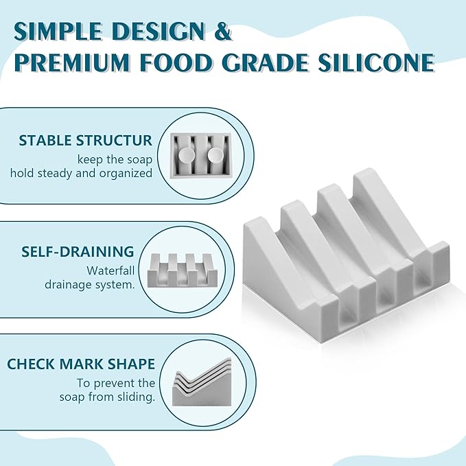 Self Draining Soap Dish, Silicone Suction Cup Soap Holder, Bathroom Soap Dish for Bar Soap, Can Extend Soap Life, Bathroom, Bathtub, Kitchen Sink Light Grey - 1 Pack