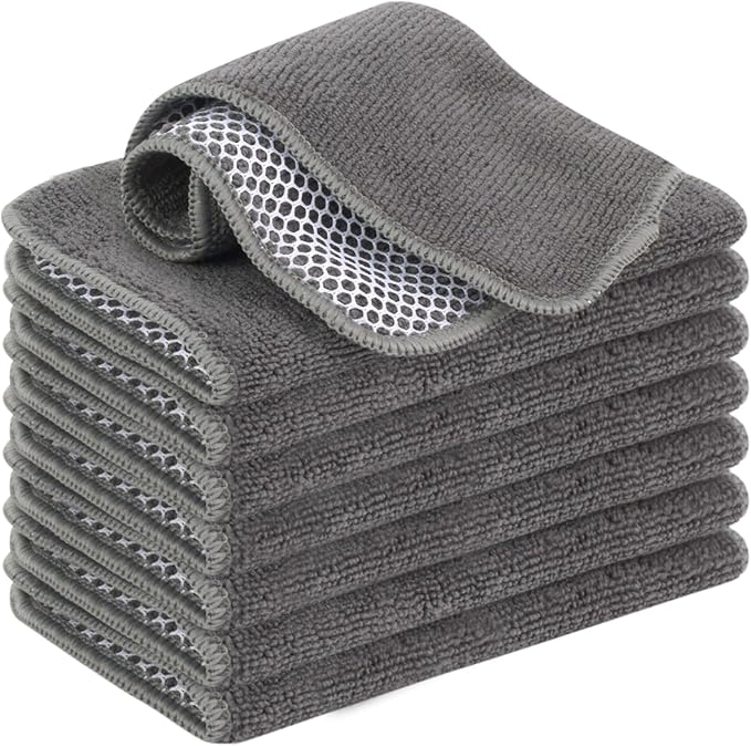 VIVOTE Microfiber Cleaning Cloths Washable Dishcloths with Polyester Mesh Scrubbing Edge Dishcloths, Kitchen Household Wipes Kitchen Dish Cloth,8pcs,7.87“ x 7.87” (Grey)