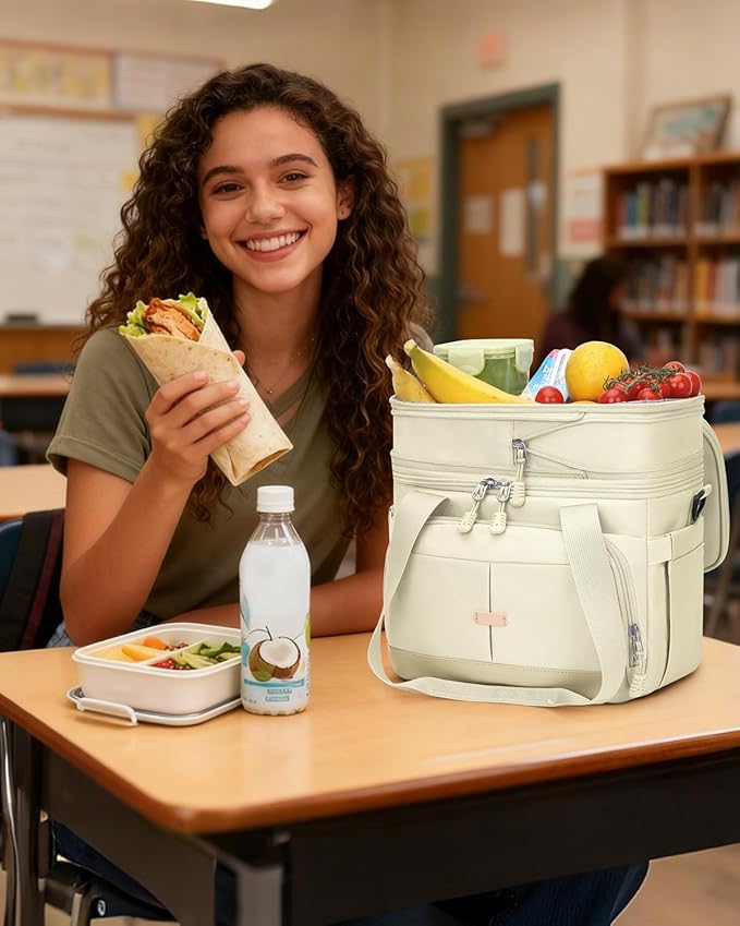 Pritent Lunch Box For Men Women Double Deck Insulated Lunch Bag For Men Woman Leakproof Expandable Cooler Bag with Adjustable Shoulder Strap for Kids Shool Work Picnic Camping(Beige,Large)