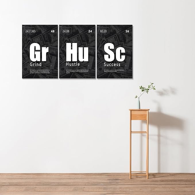 KAWAHONE Motivational Wall Art Success Posters-Grind Hustle Success Inspirational Quotes Canvas Prints for Office, Home Office, Living Room