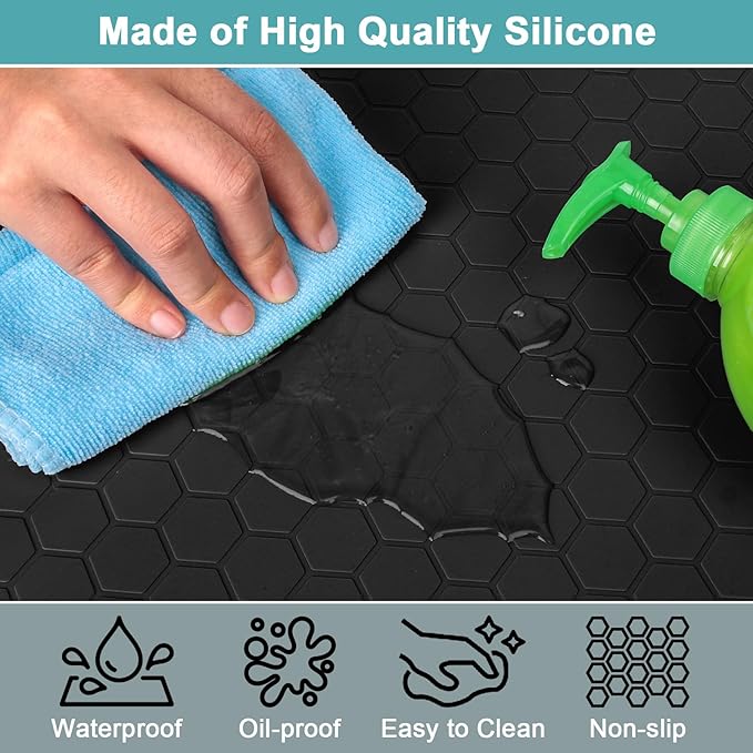 Silicone Under Sink Mat 22" x 19", Under Sink Mats for Kitchen Waterproof, Under Sinks Protector Liner Tray Organizer for Kitchen and Bathroom Cabinets, Black