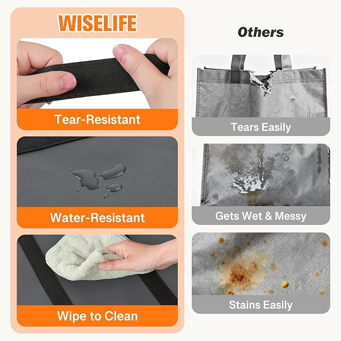 WISELIFE Reusable Grocery Bags with Handles - 4 Pack, 35L Large Shopping Bags for Groceries, Water-Resistant & Foldable Grocery Totes for Lasting Use for Kitchen, Market, Car Trunk, Picnic (Gray)