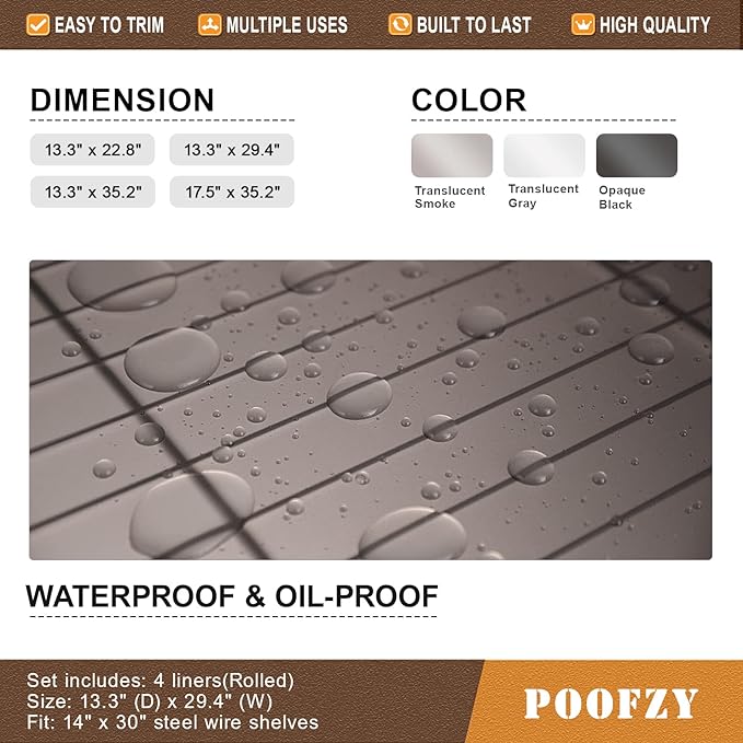Poofzy Wire Shelf Liner 14" X 30", Non-Adhesive Plastic Shelf Liners for Wire Shelving, Waterproof Protector Mats (4PK, Gray)