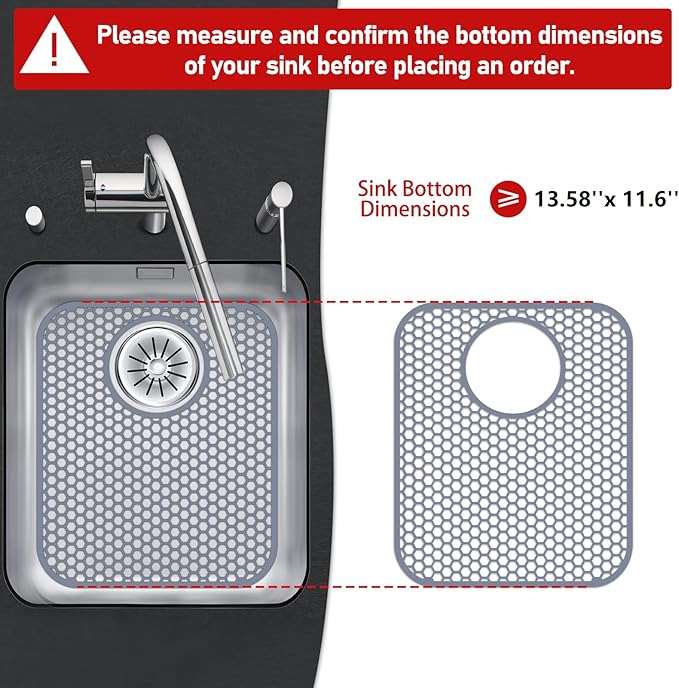 Silicone Kitchen Sink Protector Mat with Rear Drain - 13.58''x 11.6'' Kitchen Sink Accessory, Folding Non-Slip Heat Resistant Mat Grid for Bottom of Stainless Steel Porcelain (Rear Hole)