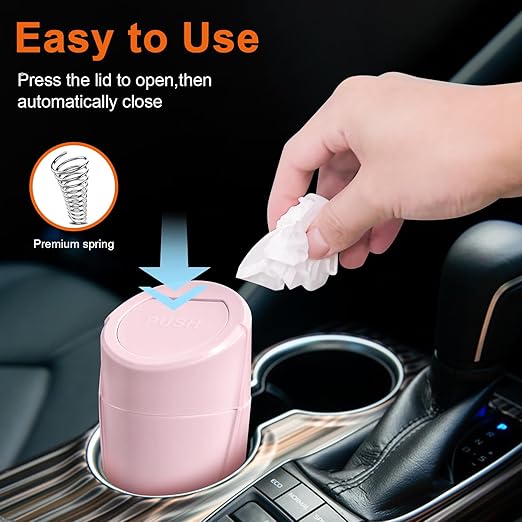 Kincown Car Trash Can, 2 Packs Mini Car Trash Bin with Lid, Leakproof Cup Holder Car Garbage Can with 60 Trash Bags, Vehicle Front Back Seat Organizers and Storage for Car, Home, Office, Pink