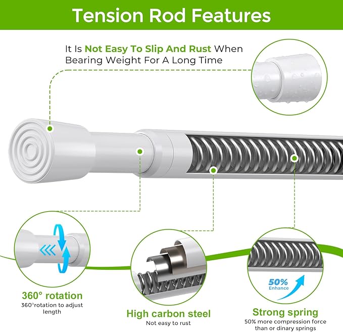 2 Pack Spring Tension Rods 33-59 Inches Adjustable White No Drill Spring Loaded Curtain Rod Small Short Tension Curtain Rod Expandable Tension Rod for Windows, Kitchen, Doorway, Bathroom, Cupboard Bars