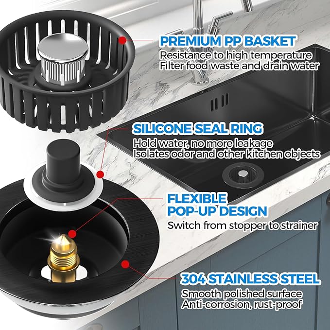 Sink Drain Strainer - Brushed Black Kitchen Sink Stopper, 3 in 1 Stainless Steel Pop-Up Drain Plug with Anti-Clog Basket, Matte Black Cover Fits Standard 3-1/2" Kitchen Sink Drains