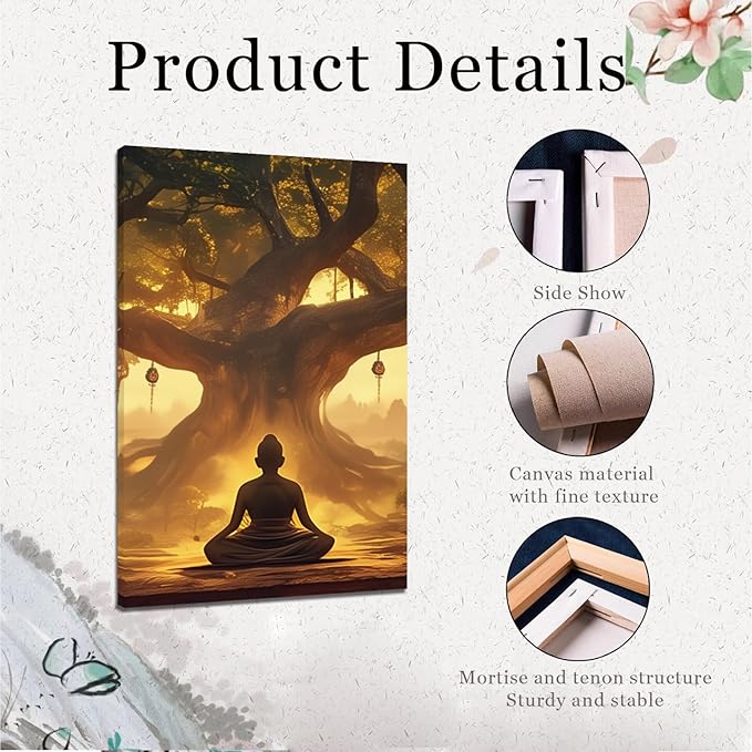 WithHope 3 Piece Buddha Canvas Wall Art, Buddha Home Decor, Buddhist Decorations, Zen Canvas Wall Art, Tree of Life Artwork, Zen Decorations, Modern Painting, Living Room Decor (24" x 36" x 3 pcs)