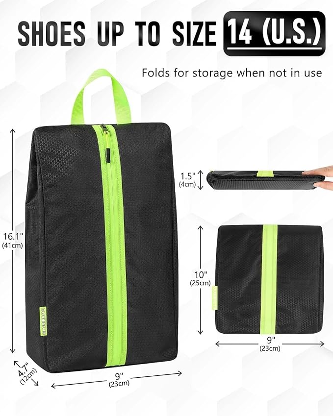 Smell Proof Shoe Bags for Travel - Soccer Cleat Bag Smell Proof with Active Carbon Fabric | Odor-Absorbing Water-Resistant Track Shoe bags for Sports (Black with Green, UP TO US14)