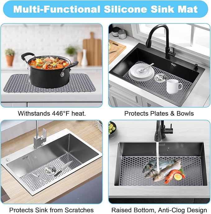 Silicone Sink Mat 25.78"x 14" Heat Resistant Sink Protectors for Kitchen Sink Bottom, Non-Slip Faucet Mat for Stainless Steel（Rear Drain）
