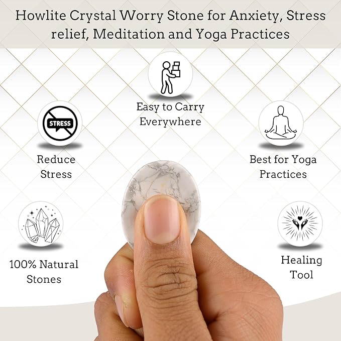 Howlite Worry Stone – Crystal Thumb Worry Stones for Anguish, Stress – Relaxing and Soothing Balance Stones for Meditation, Stress Relief – Healing Stones and Crystals for Men and Women