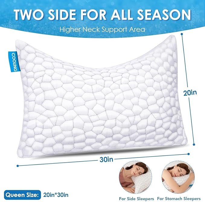 Side Sleeper Pillow for Neck and Shoulder Pain Relief, Cervical Neck Support Pillow for Side Sleepers, Cooling Shredded Memory Foam Pillows for Hot Back Sleepers, Adjustable Curved Queen Bed Pillows