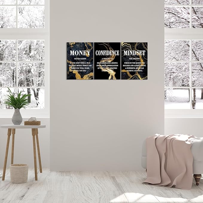 KAWAHONE- Money Never Sleeps, Motivational Canvas Wall Art,Inspirational Poster, Confidence Mindset Wall Decor Framed Inspirational Entrepreneurs Painting Prints Quotes Poster for Office Workplace Ready to Hang