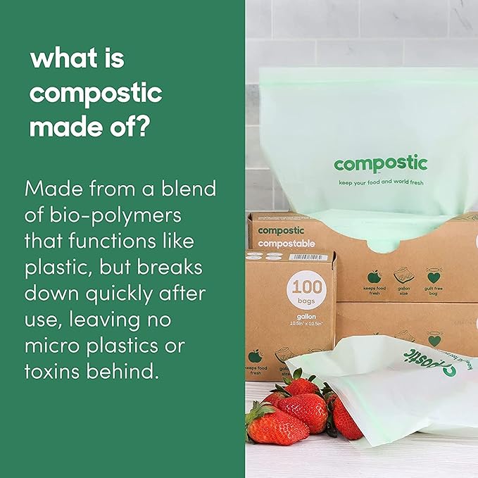 Compostic Home Compostable Resealable Snack Size Bags, Microwave & Freezer Safe, Organic Food Storage Container, 60 Count