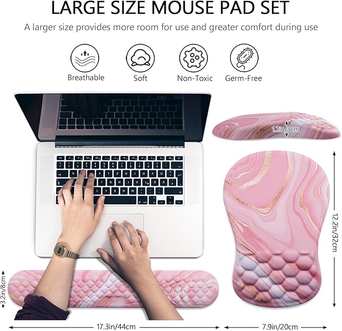 Mouse Pad Wrist Support, Laokiiy 2-in-1 Keyboard Wrist Rest + Ergonomic Mouse Pad, Non-Slip Wrist Rest for Computer Keyboard, Makes Typing Easy & Relieves Wrist Pain (Rose Gold Pink Marble)