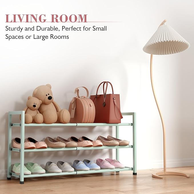 Bumusty 3-Tier Expandable Shoe Rack for Closet, 18"-33" Adjustable Shoe Rack for Small Space, Small Shoe Organizer for Front Door, Sturdy Metal, Green