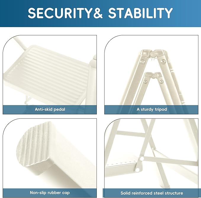 2 Step Ladder, Portable Folding Step Stool with Sturdy Carbon Steel Metal, 330LB Capacity, Non-Slip Wide Pedal, ladders for Home, Kitchen, Closet, Bookshelf, Adult (Milk White)