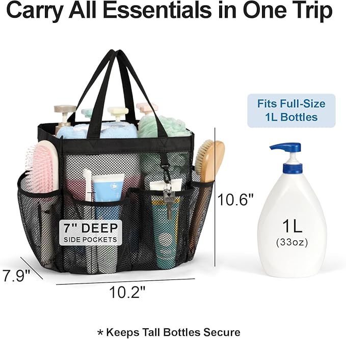 F-color Mesh Shower Caddy Portable - 2 Handles Upgrade Deeper 7 Pockets Basket Bag Tote for College Dorm Room Toiletry Bathroom Essentials Gym Camp Quick Dry with S Hook, 2 Pack, Black & Blue