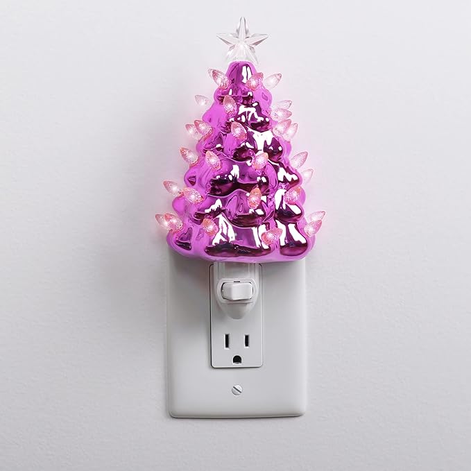 Milltown Merchants Ceramic Christmas Tree Night Light - Plugin Christmas Tree with Lights - Lighted Vintage Ceramic Tree - Mini Christmas Tree Decorative Night Light (Pearl Pink Christmas Tree)