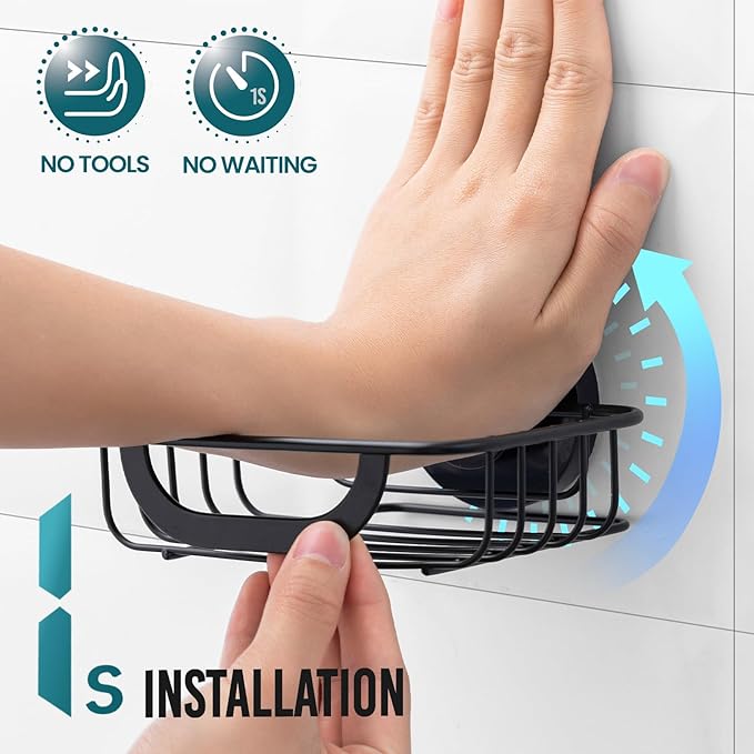 TAILI Soap Bar Holder Dish with Hooks, Shower Soap Tray Saver Suction Cup with Razor Holder for Wall, Rustproof Stainless Steel Bath Shampoo Caddy for Bathroom Accessories Organizer, Sink, Black