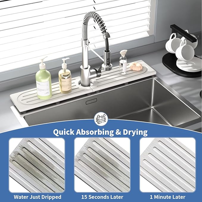 Kitchen Sink Faucet Mat, Water Absorbent Kitchen Faucet Mat, Durable Sink Splash Guard with Raised Feet, Diatomite Fast Drying Kitchen Sink Faucet Mat, Bathroom Stone Drying Tray for Counter