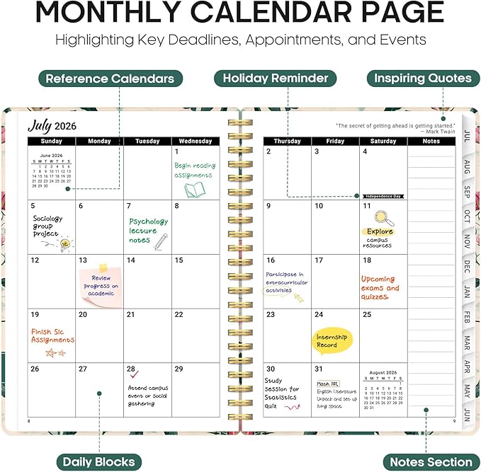 Planner 2026-2027, Academic Year Monthly and Weekly Calendar Planner, Jul 2026 - Jun 2027, Hardcover Teacher Student Planning Agenda book with Tabs, Perfect for School Office Supplies, 6.3" x 8.5" - Blush Peony