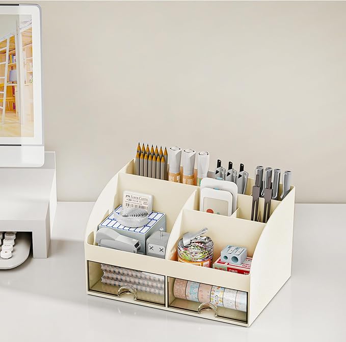 Desk Organizer with 6 Compartments and 2 Drawers, Plastic Makeup Organizer, Pen Holder for Desktop Storage, Desk Organization for School, Home, Office Supplies (Ivory)