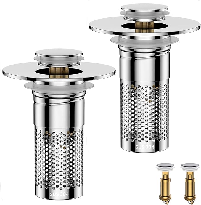 Bathroom Sink Drain Strainer,Universal Pop-Up Sink Stopper Hair Catcher, Anti-Clog Stainless Steel Drain Filter Basket, Removable Sink Drain for Bathroom Sink Stopper Replacement