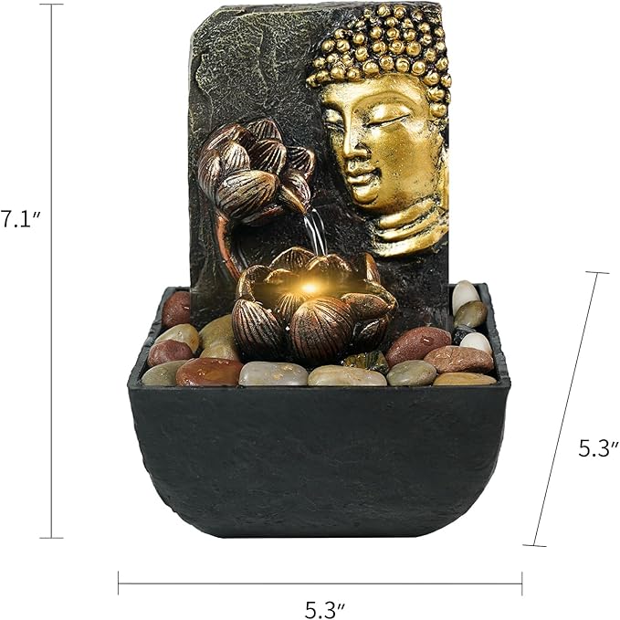 Ferrisland Tabletop Buddha & Lotus Waterfall Fountain with LED Light, Perfect for Zen Home & Office Decor(Gold)