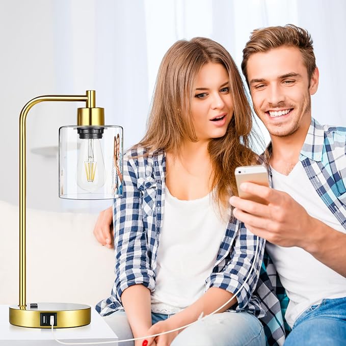 Industrial Touch Control Table Lamps Set of 2 - Gold Nightstand Bedside Lamps with 2 USB Ports & AC Outlet, 3-Way Dimmable Desk Lamp for Bedroom Living Room, Glass Shade & 2 LED Bulbs Included
