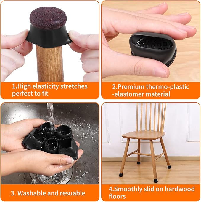 Ezprotekt 24 Pcs Round Silicone Chair Leg Floor Protectors with Felt, Floor Protectors for Chair, Felt Furniture Pads, Chair Leg Caps Cover, Bar Stool Leg Floor Protectors (L Fit: 1.1" - 1.3", Black)