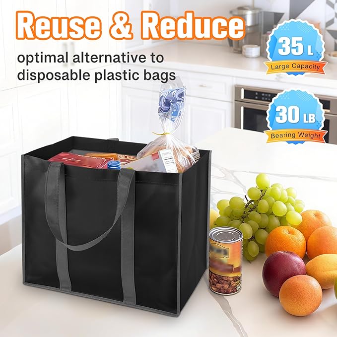 WISELIFE Reusable Grocery Bags with Handles - 4 Pack, 35L Large Shopping Bags for Groceries, Water-Resistant & Foldable Grocery Totes for Lasting Use for Kitchen, Market, Car Trunk, Picnic (Black)