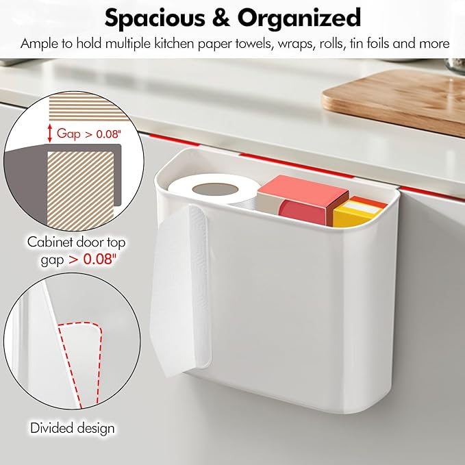 Poeland Multi-Purpose Over Cabinet Door Organizer, Under-Shelf Storage Organizer for Kitchen Wraps, Foils, and Paper Towel Dispenser, 1 Adhesive Pad and 2 Screws Included (White)