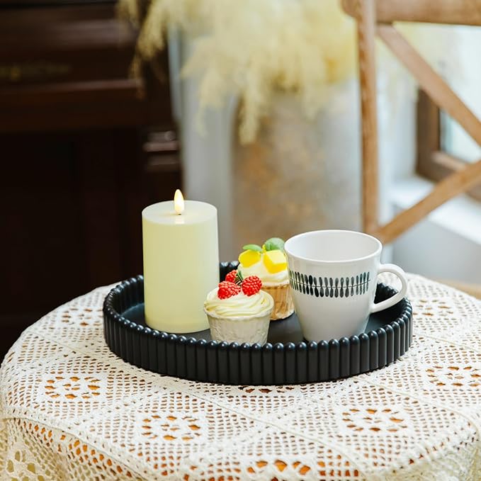 11.8in Decorative Tray for Coffee Table Decor- Black Oval Concrete Tray for Home Decor- Scalloped Flat Modern Centerpieces Tray Decor for Living Room, Kitchen Dining Table, Entryway (Black)