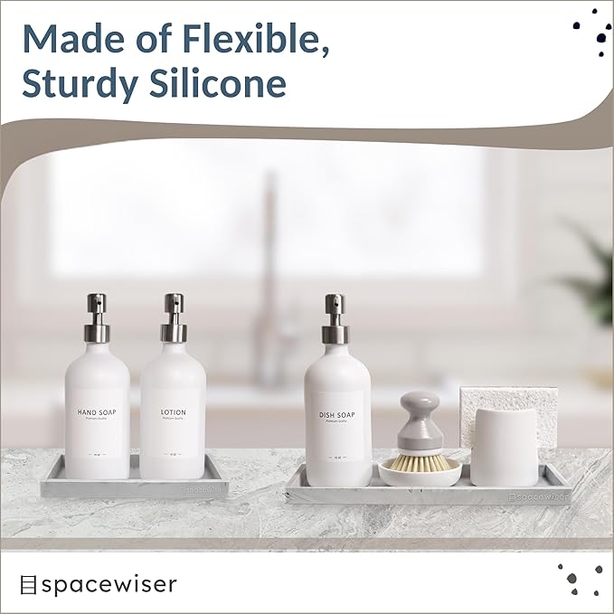 Spacewiser Countertop and Vanity Tray - 2 PC (11” and 7”) Shatterproof Silicone Kitchen and Bathroom Trays for Counter, Kitchen Soap Dispenser Tray, Vanity Trays for Bathroom, Perfume Key Tray