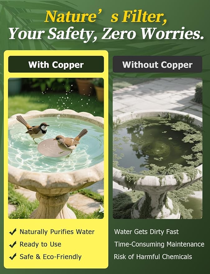 Mellbree 4-Pack Premium Copper Cleaning Discs, 0.6mm Thick 99.99% Pure Copper with Stable Triple-Point Support, All-Season Physical Water Care for Bird Baths