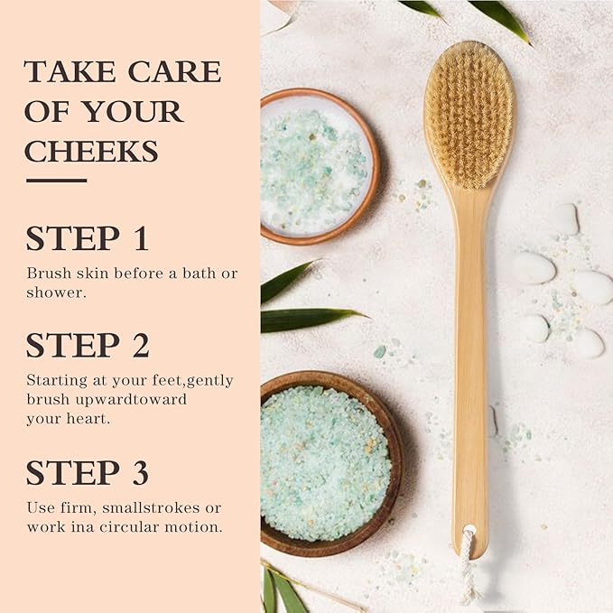 Bamboo Long Handle Back Scrubber Brush,Dry Body Scrubber for Dry Skin, Blood Circulation, Cellulite Treatment,Dry Brush Suitable for All Kinds of Skin with Soft and Stiff Bristles