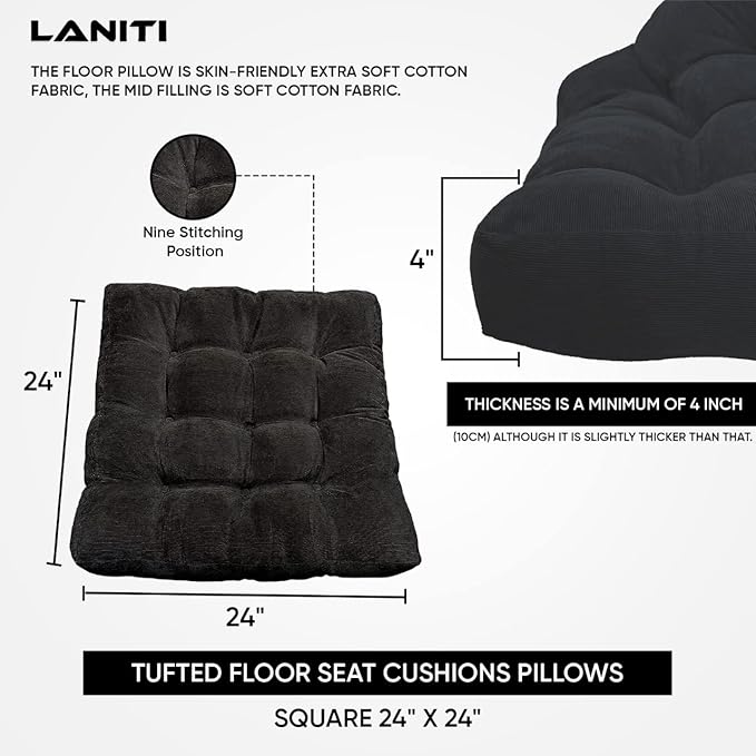 LANITI 24” Inch Extra Large Floor Cushions Tufted Floor Pillow for Adults Square Meditation Ultimate Comfort Oversized Pillows for Floor Cushion (Black)