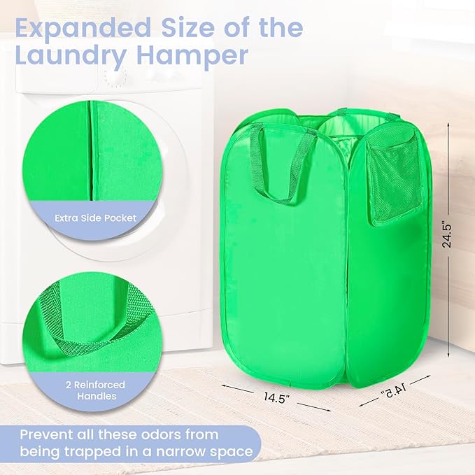 HOUSE AGAIN Upgraded Pop-up Laundry Hamper, Collapsible Laundry Basket with Durable Handles, Solid Bottom, High Steel Frame, Portable Foldable Dirty Clothes Hamper for Dorm, Laundry Room, Travel, Green