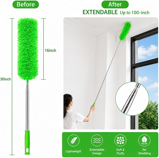 Duster for Cleaning High Ceiling Fan (Green), AzunMicrofiber Feather Duster with 30" to 100" TelescopingExtension Pole, Long Extendable Duster for Home CarFurniture Cobweb