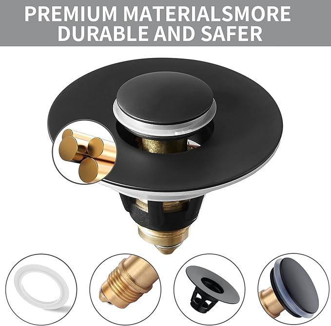 Fransiton 2 Pack Bathroom Sink Stopper, 1.1-1.77 Inch Basin Pop Up Black Sink Drain Stopper, Anti Clogging Drain Plug with Detachable Hair Catcher