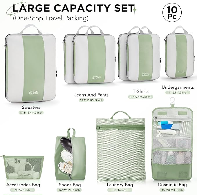 10-Piece Compression Packing Cube Set for Travel Essentials, Compressible and Expandable Packing Cubes for Suitcases, OlarHike Luggage Organizer Bags for Travel, Handy Helper for Organizing Clothes (Matcha Green)
