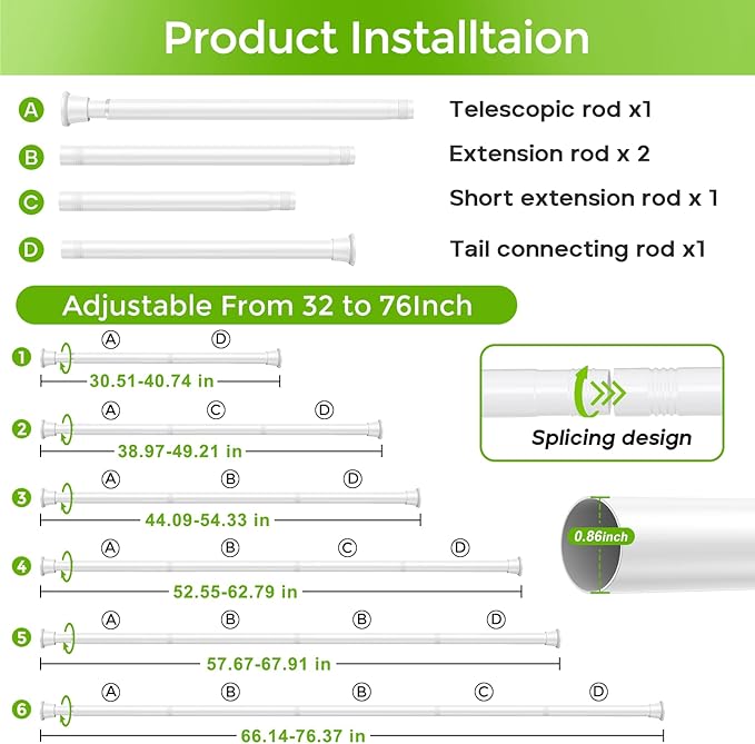 Tension Curtain Rod 32-76 Inch 7/8" Diameter Spring Loaded Curtain Rods No Drilling Adjustable Expandable Tension Shower Curtain Rods for Window Doorway Bathroom Kitchen Closet, White