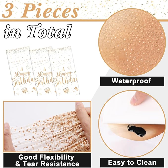 Tudomro 3 Pcs Happy Birthday Tablecloths Happy Birthday Party Decorations Plastic Table Cover Rectangular Cloths for Women Men Baby Shower Party Supplies, 108 x 54 Inch (Champagne)
