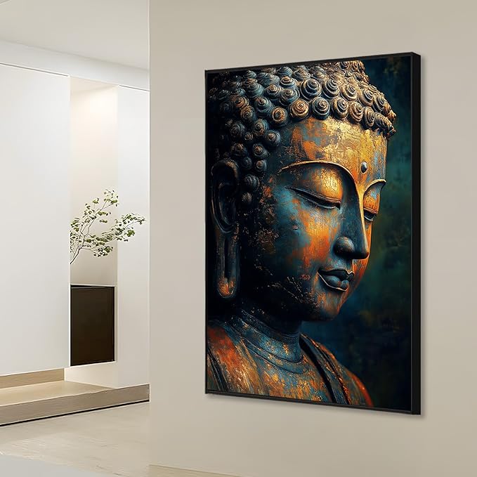 Buddha Statue Canvas Art, Zen Meditation Décor, Framed Print for Bedroom, Yoga Room, and Living Room (Gold Framed, 15"x24"|40x60cm)